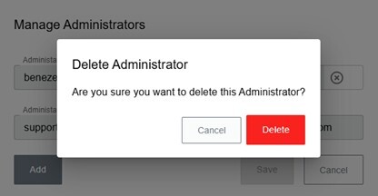 A pop-up confirmation to delete a subscription administrator in the subscription management portal.