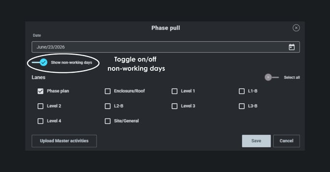 Phase plan - toggle on/off non-working days