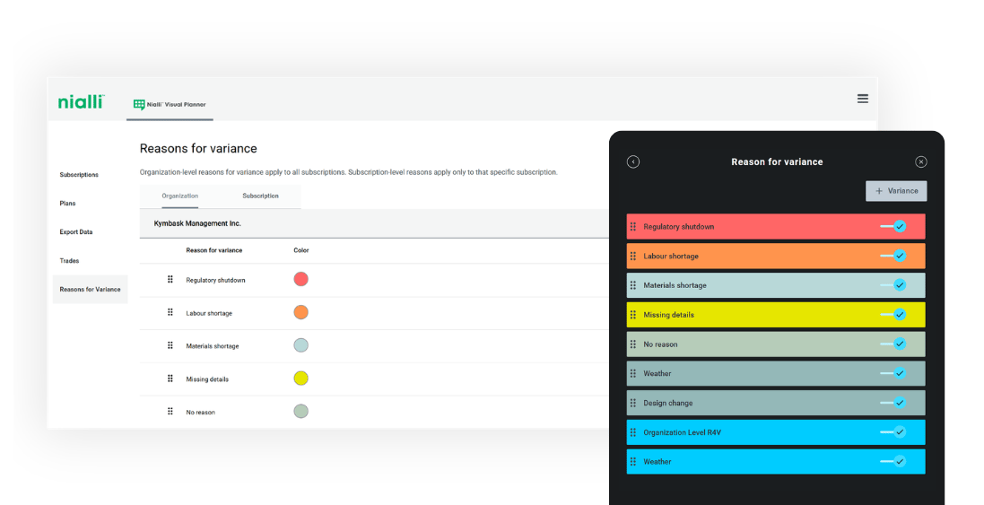 Setting global reasons for variance in Nialli Visual Planner.