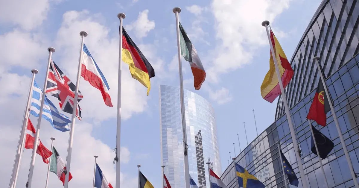 Flags of various European countries in a circle