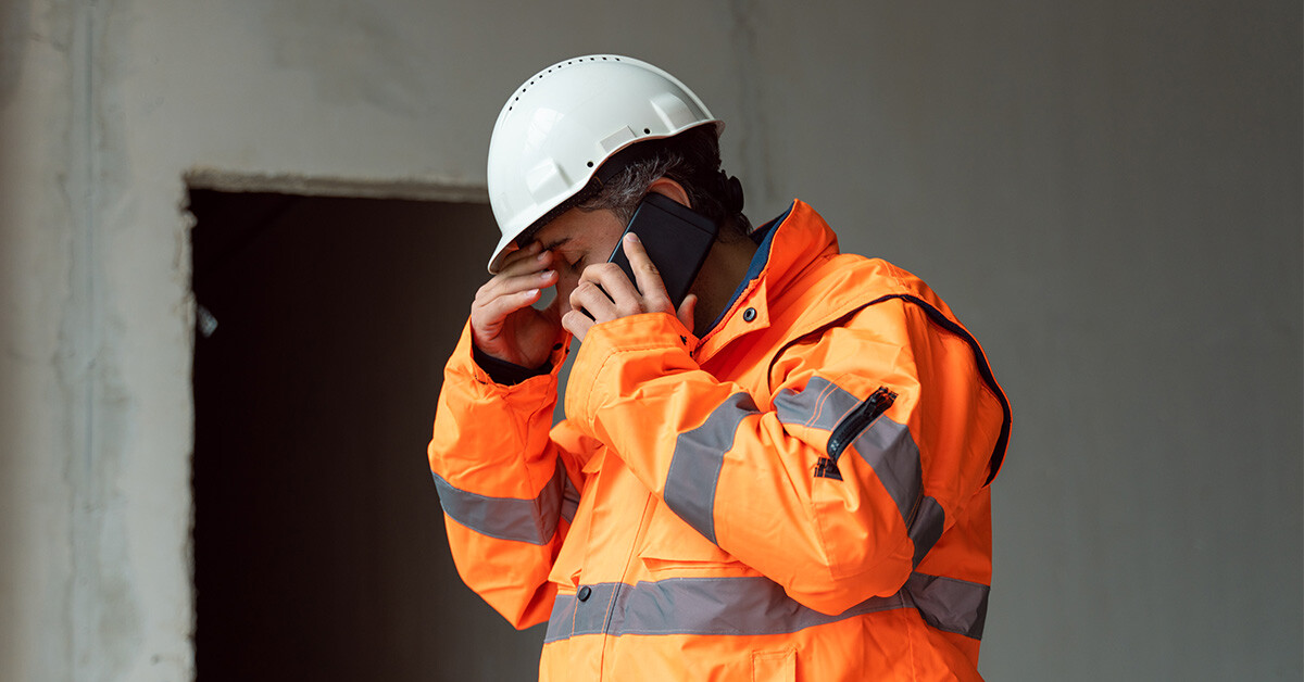 Project foreman on a phone call, with hand covering his eyes.