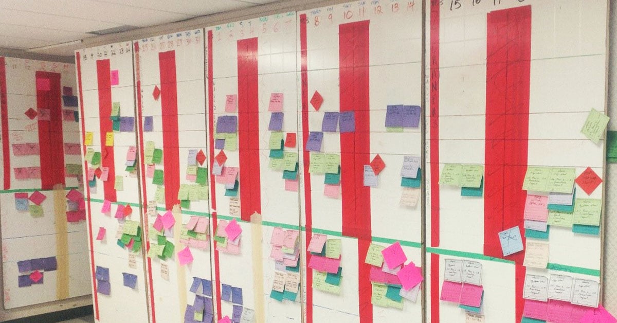 A wall is filled with sticky notes for lean construction planning.