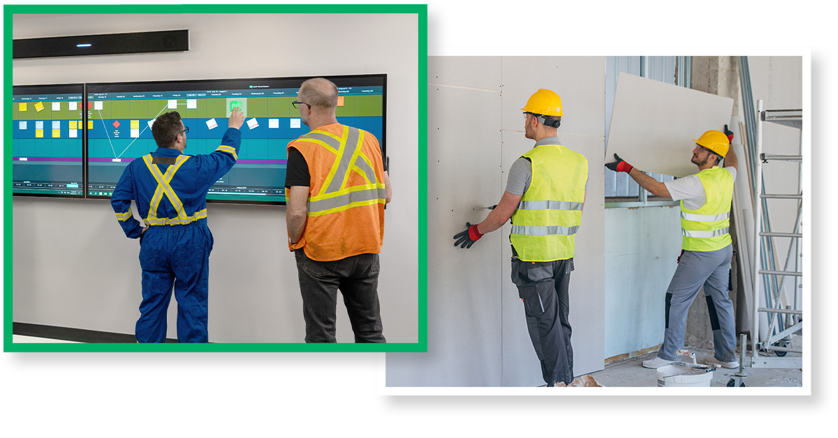 Two scenes showing tradespeople working together. In the first scene, two team members in overalls check the schedule in Nialli Visual Planner on a display, with one of them touching the screen to adjust project plans. In the second scene, two construction workers wearing hard hats install drywall together.