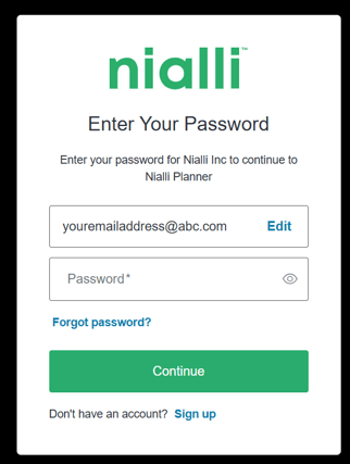 Login screen - Nialli Visual Planner