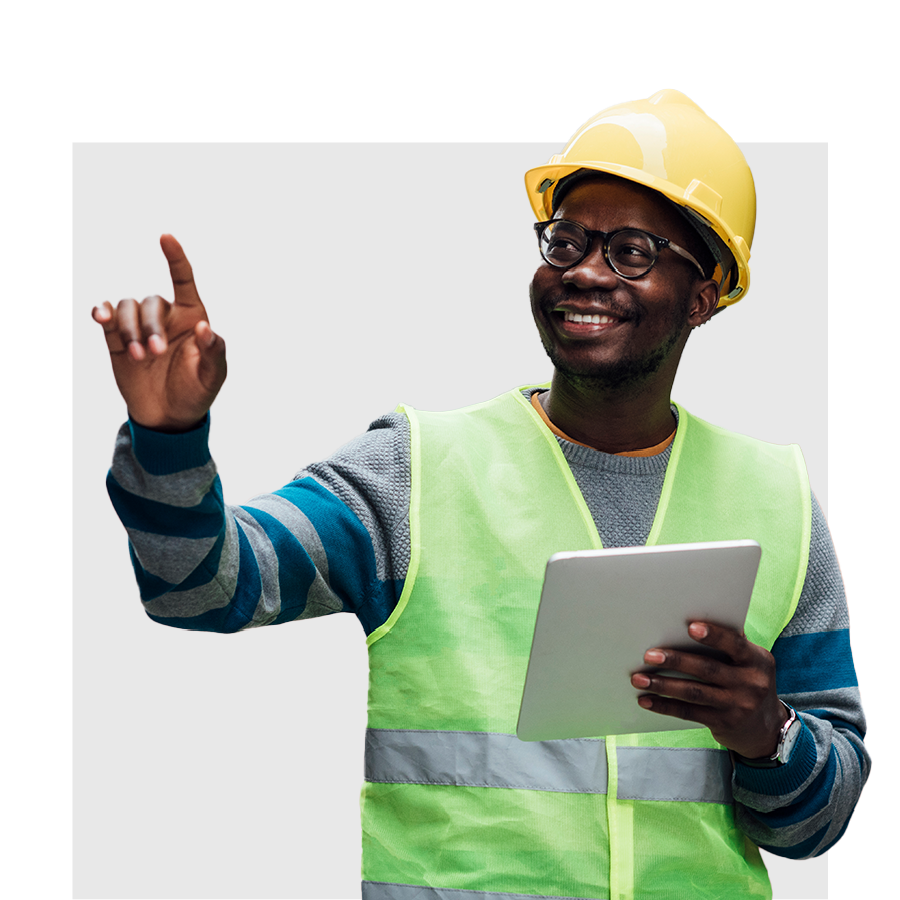 A construction worker interacts with digital sticky notes.