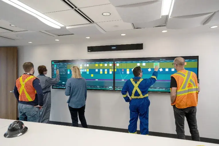 Big room planning session using Nialli Visual Planner on multiple interactive displays.