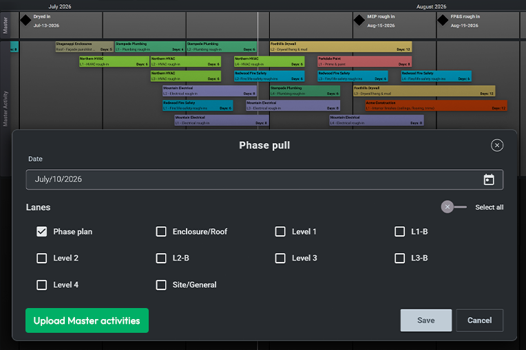 Importing activities into the phase plan in Nialli Visual Planner.